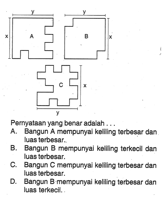 y x A y x B x y CPernyataan yang benar adalah ...A. Bangun A mempunyai keliling terbesar dan luas terbesar.B. Bangun B mempunyai keliling terkecil dan luas terbesar.C. Bangun C mempunyai keliling terbesar dan luas terbesar.D. Bangun B.mempunyai keliling terbesar dan luas terkecil.