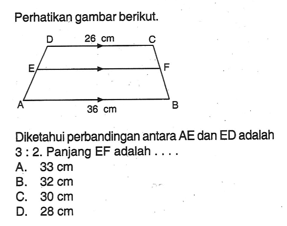 Perhatikan gambar berikut. Diketahui perbandingan antara AE dan ED adalah 3:2. Panjang EF adalah .... trapesium, 26 cm, 36 cm
