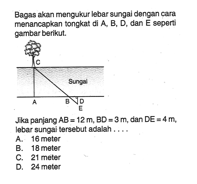 Bagas akan mengukur lebar sungai dengan cara menancapkan tongkat di A, B, D, dan E seperti gambar berikut. Jika panjang AB=12 m, BD=3 m, dan DE=4 m , lebar sungai tersebut adalah ....