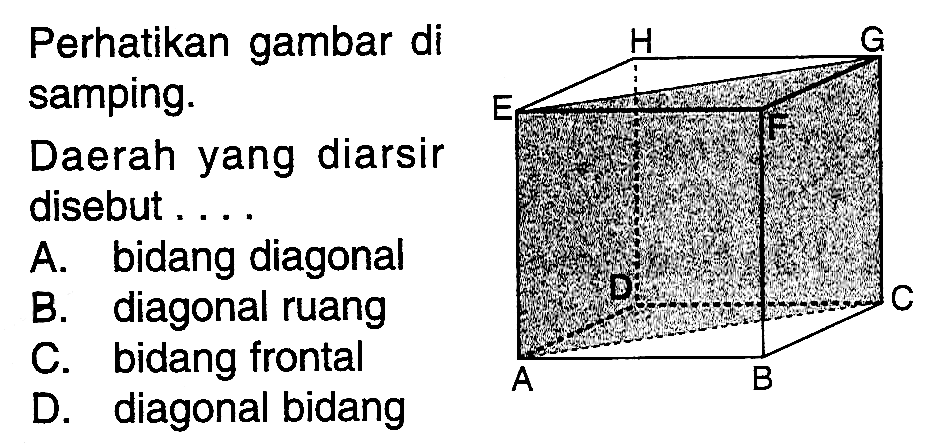 Perhatikan gambar di samping. Daerah yang diarsir disebut ... A. bidang diagonal B. diagonal ruang C. bidang frontal D. diagonal bidang