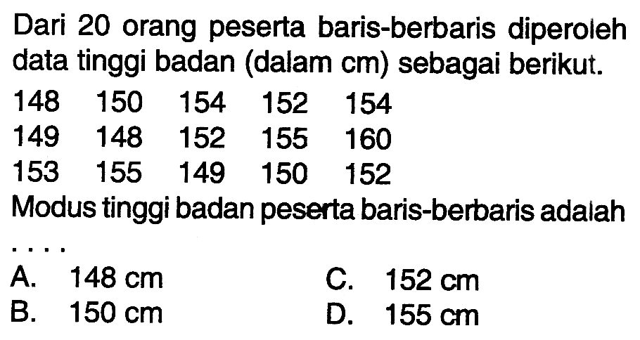 Dari 20 orang peserta baris-berbaris diperoleh data tinggi badan (dalam cm) sebagai berikut.148  150  154  152  154 149  148  152  155  160 153  155  149  150  152 Modus tinggi badan peserta baris-berbaris adalah...