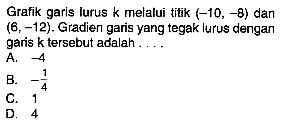 Grafik garis lurus k melalui titik (-10, -8) dan (6, -12) . Gradien garis yang tegak lurus dengan garis k tersebut adalah. . . .