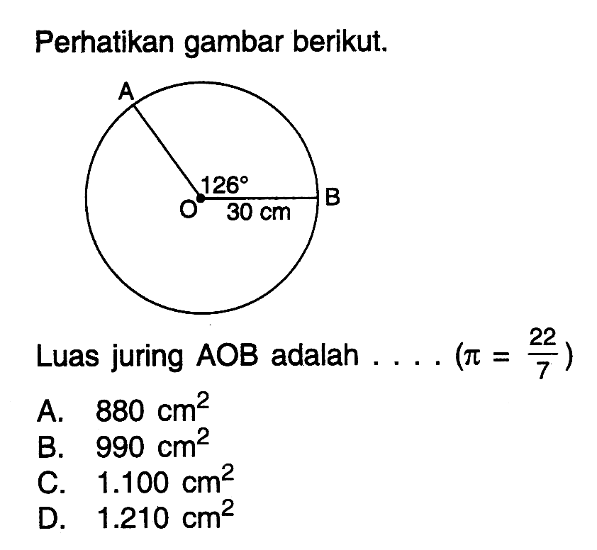 Perhatikan gambar berikut. 126 30 cm Luas juring AOB adalah ... .(pi=22/7)