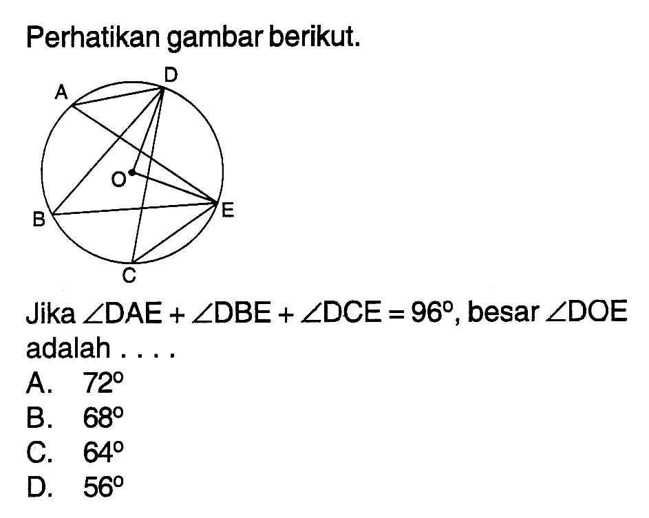 Perhatikan gambar berikut.Jika sudut DAE+sudut DBE+sudut DCE=96, besar sudut DOE adalah ....