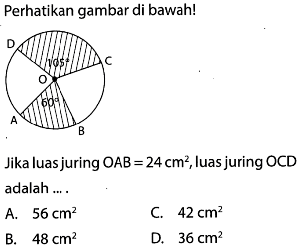 Perhatikan gambar di bawah! 105 60
Jika luas juring  OAB=24 cm^2, luas juring OCD adalah ....
A.  56 cm^2 
C.  42 cm^2 
B.  48 cm^2 
D.  36 cm^2 