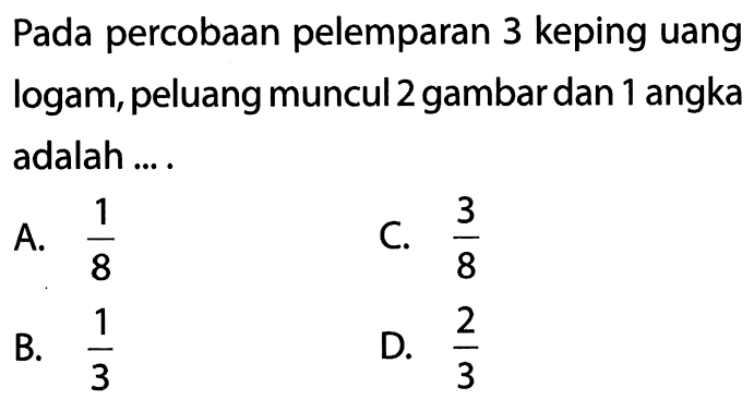 Pada percobaan pelemparan 3 keping uang logam, peluang muncul 2 gambar dan 1 angka adalah....