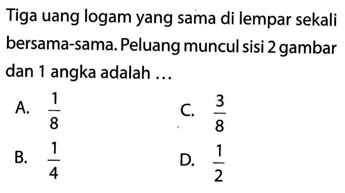 Tiga uang logam yang sama di lempar sekali bersama-sama. Peluang muncul sisi 2 gambar dan 1 angka adalah ...