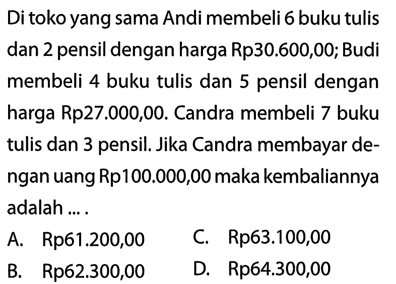 Di toko yang sama Andi membeli 6 buku tulis dan 2 pensil dengan harga Rp30.600,00; Budi membeli 4 buku tulis dan pensil dengan 5 harga Rp27.000,00. Candra membeli 7 buku tulis dan 3 pensil. Jika Candra membayar dengan uang Rp100.000,00 maka kembaliannya adalah