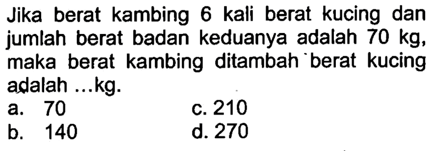 Jika berat kambing 6 kali berat kucing dan jumlah berat badan keduanya adalah 70 kg, maka berat kambing ditambah kucing berat adalah ... kg.