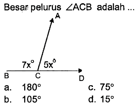 Besar pelurus sudut ACB adalah ...Sudut ACB= 7x, sudut ACD= 5x