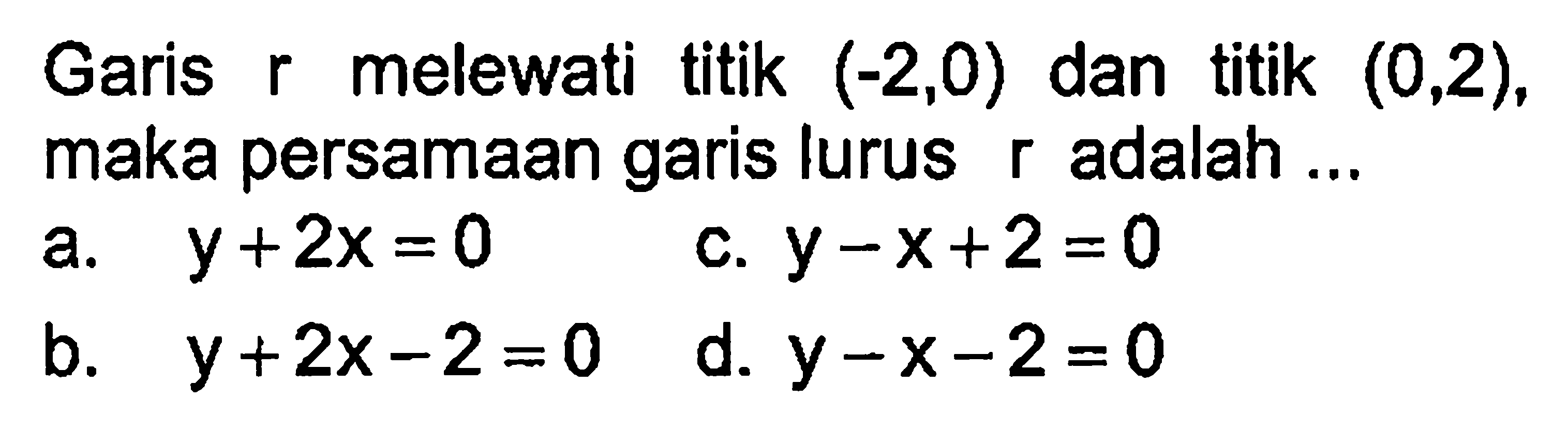 Garis r melewati titik (-2,0) dan titik (0,2), maka persamaan garis lurus r adalah ...