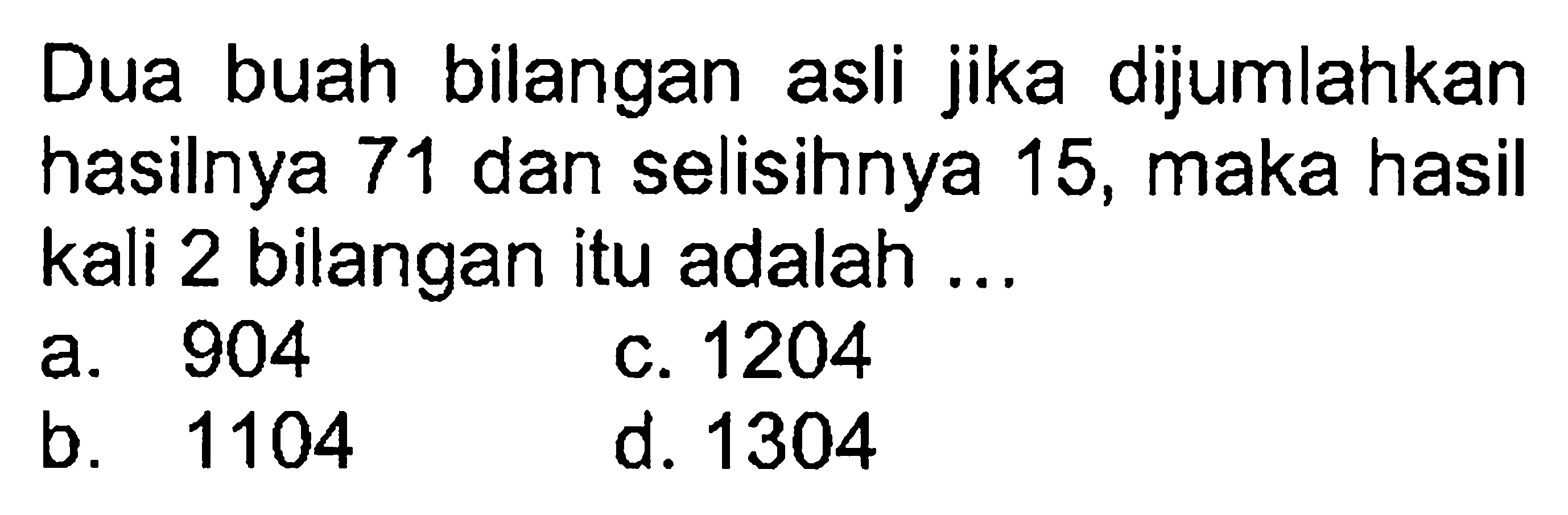 Dua buah bilangan dijumlahkan asli jika hasilnya 71 dan selisihnya 15, maka hasil kali 2 bilangan itu adalah ...