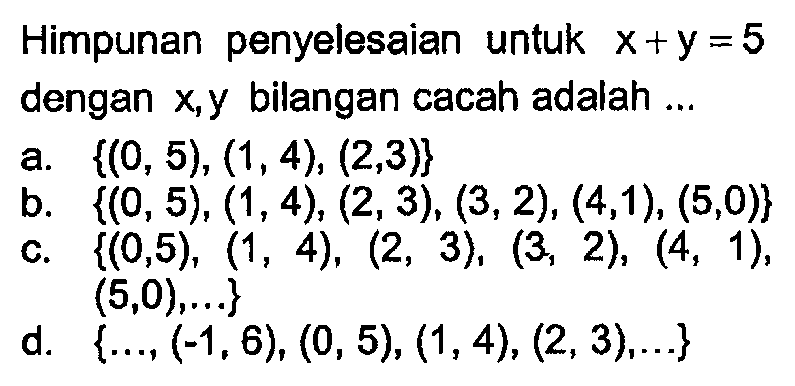 Himpunan penyelesaian untuk x +y = 5 dengan x, y bilangan cacah adalah