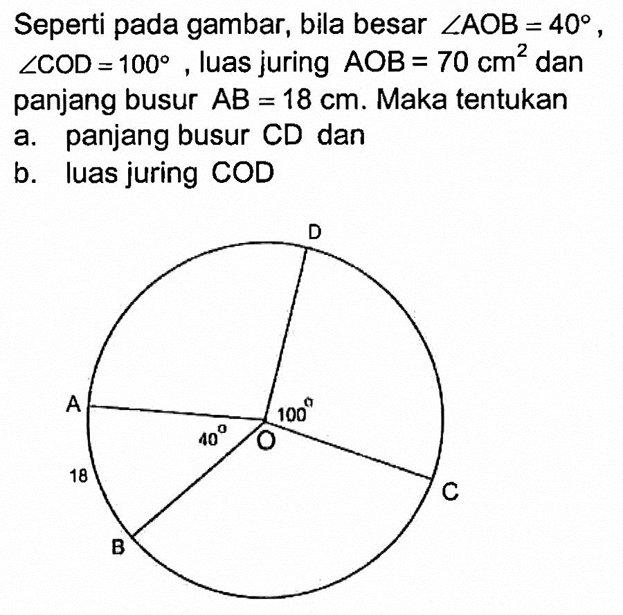 Seperti pada gambar, bila besar  sudut AOB=40, sudut COD=100, luas juring  AOB=70 cm^2  dan panjang busur  AB=18 cm. Maka tentukan a. panjang busur CD danb. luas juring COD