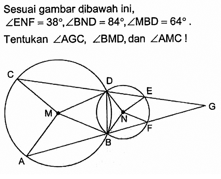 Sesuai gambar dibawah ini, sudut ENF = 38, sudut BND = 84, sudut MBD = 64. Tentukan  sudut AGC, sudut BMD, dan sudut AMC!C D E G M N A B F