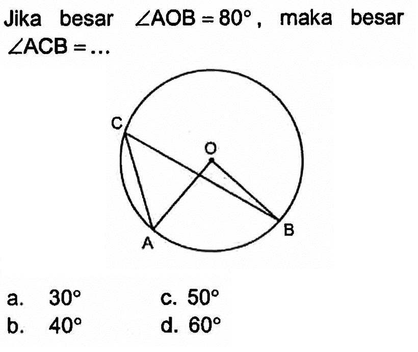 Jika besar  sudut AOB=80 , maka besar  sudut ACB=... 