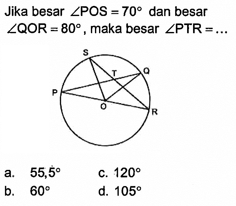 Jika besar  sudut POS=70  dan besar  sudut Q O R=80 , maka besar  sudut P T R=... S Q R O P T 