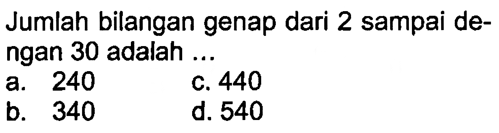 Jumlah bilangan genap dari 2 sampai dengan 30 adalah