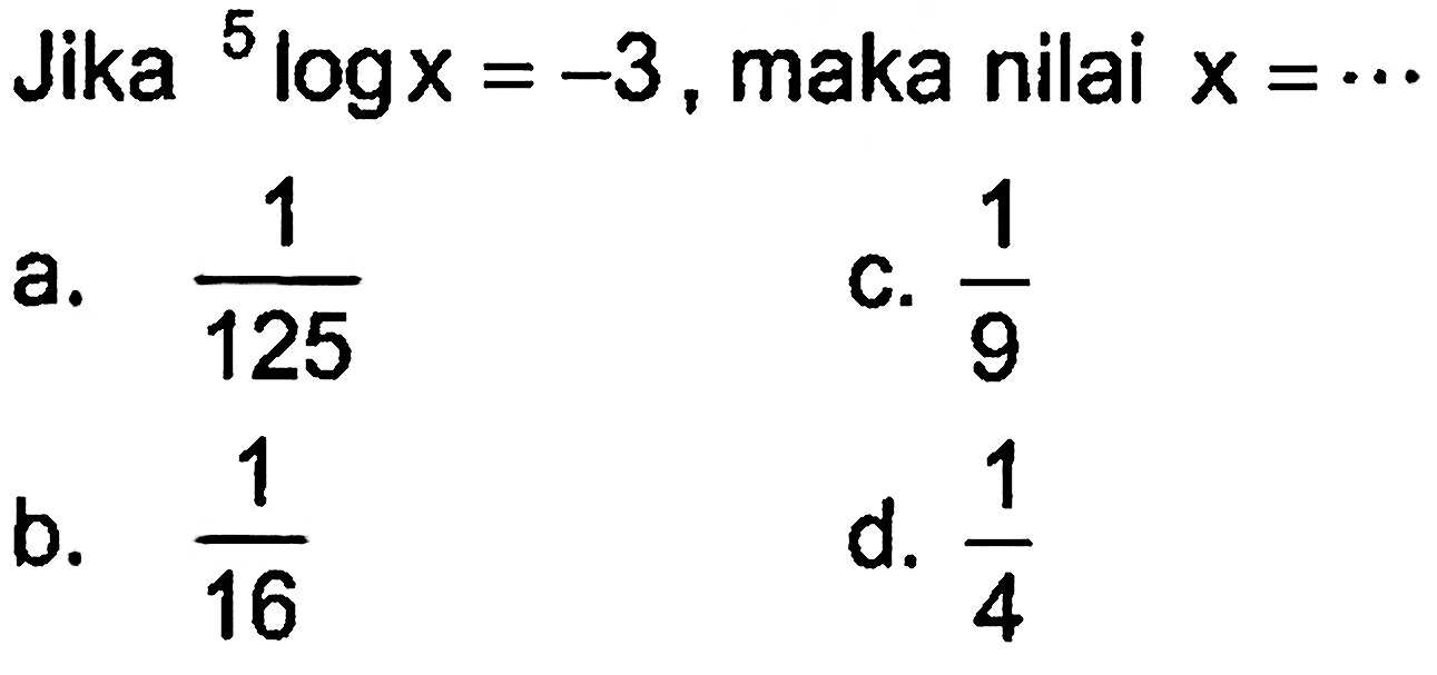 Jika 5logx=-3, maka nilai x= ....