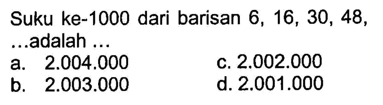 Suku ke-1000 dari barisan 6, 16, 30, 48, ... adalah...