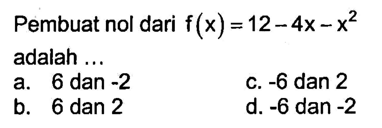 Pembuat nol dari f(x) = 12 - 4x - x^2 adalah ....