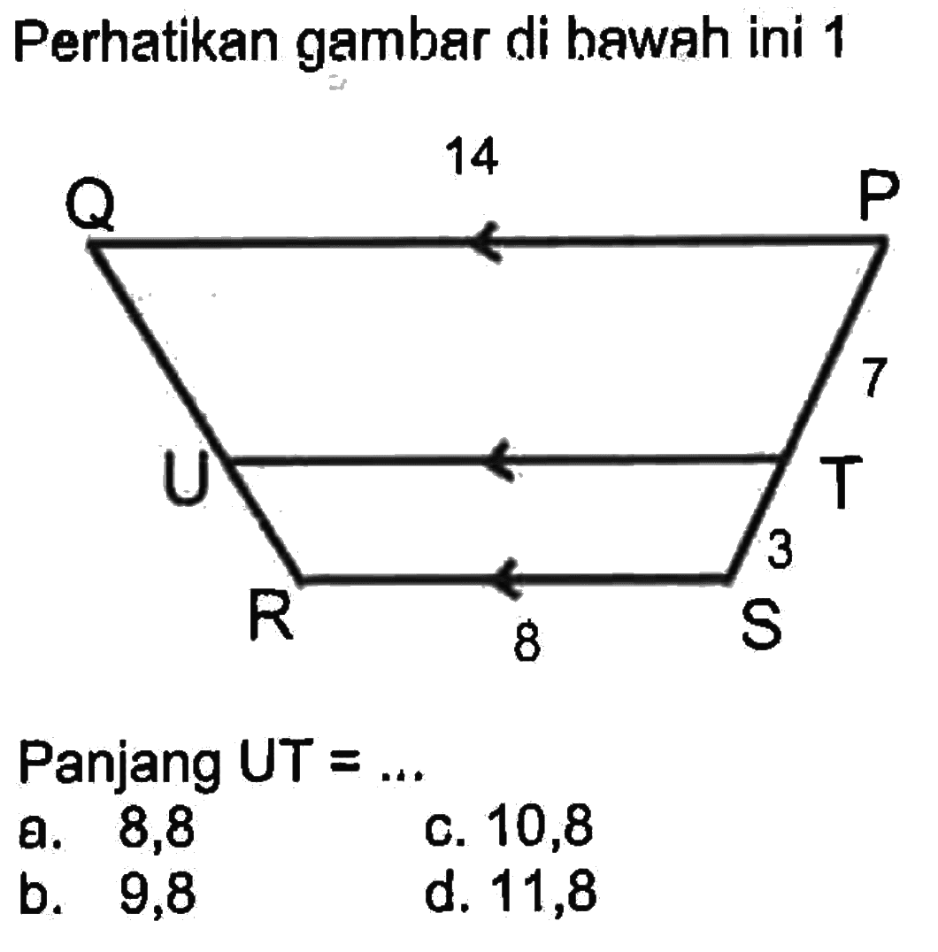 Perhatikan gambar di hawah ini 1 14 7 3 8Panjang UT  =... a. 8,8 b. 9,8 c. 10,8 d. 11,8