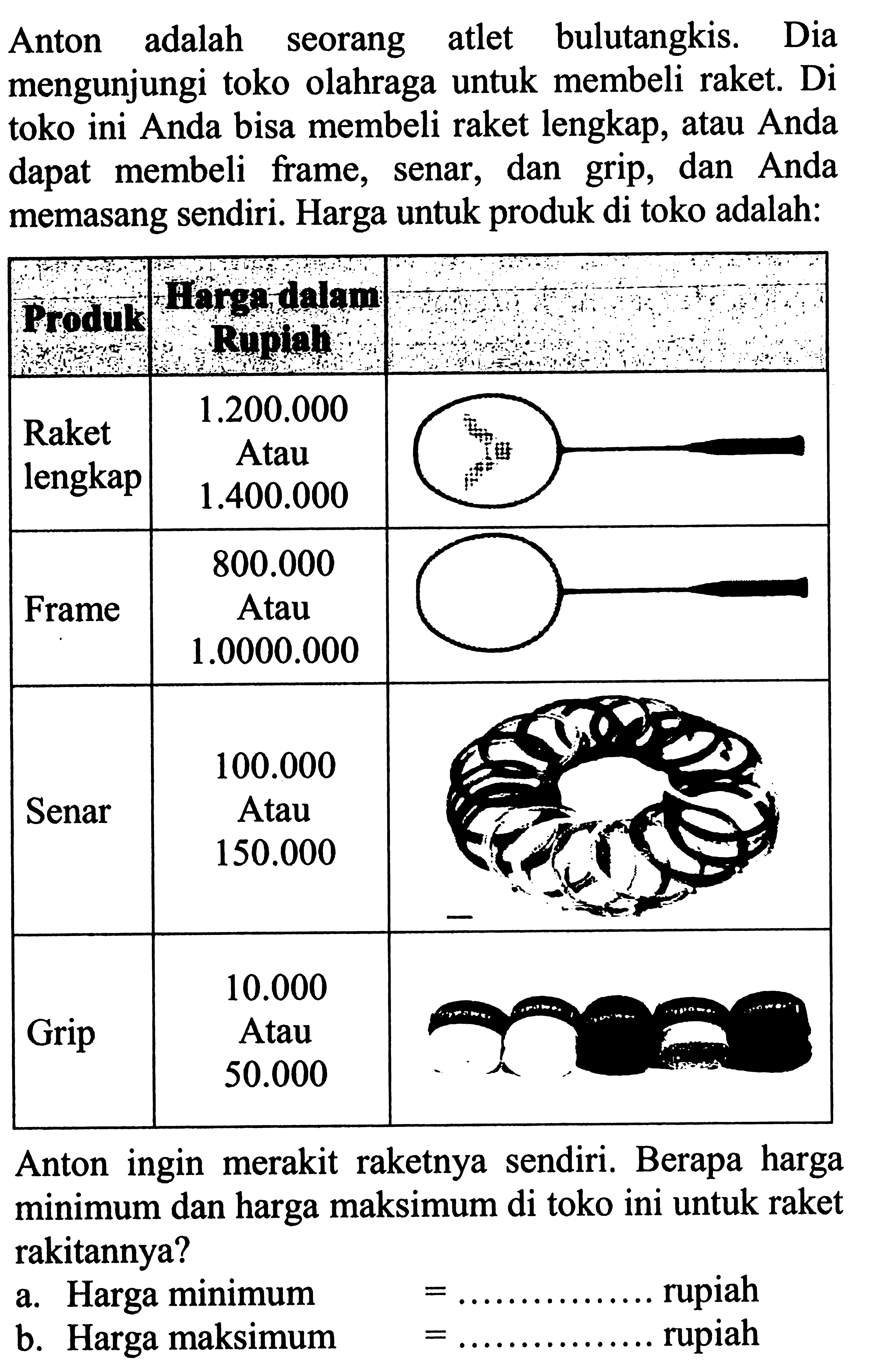 Anton adalah seorang atlet bulutangkis. Dia mengunjungi toko olahraga untuk membeli raket. Di toko ini Anda bisa membeli raket lengkap, atau Anda dapat membeli frame, senar, dan grip, dan Anda memasang sendiri. Harga untuk produk di toko adalah: 
Produk Harga dalam Rupiah 
Raket lengkap 1.200.000 Atau 1.400.000 
Frame 800.000 Atau 1.0000.000 
Senar 100.000 Atau 150.000 
Grip 10.000 Atau 50.000 
Anton ingin merakit raketnya sendiri. Berapa harga minimum dan harga maksimum di toko ini untuk raket rakitannya? 
a. Harga minimum = ... rupiah 
b. Harga maksimum = ... rupiah