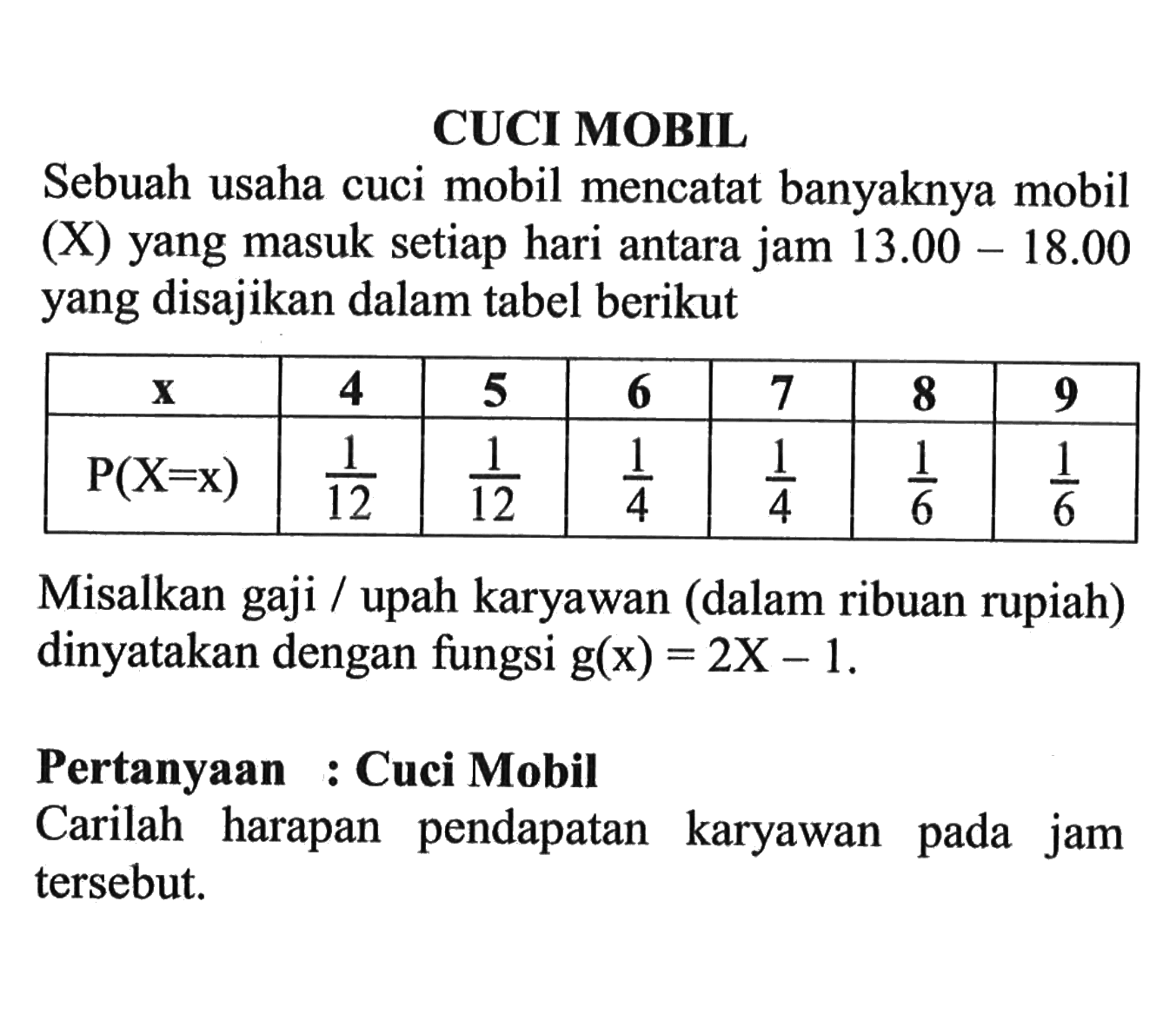 CUCI MOBIL Sebuah usaha cuci mobil mencatat banyaknya mobil (X) yang masuk setiap hari antara jam 13.00-18.00 yang disajikan dalam tabel berikut x 4 5 6 7 8  9 kg(X=x) 1/12  1/12 1/4 1/4 1/6 1/6 Misalkan gaji / upah karyawan (dalam ribuan rupiah) dinyatakan dengan fungsi g(x)=2X-1. Pertanyaan: Cuci Mobil Carilah harapan pendapatan karyawan pada jam tersebut.