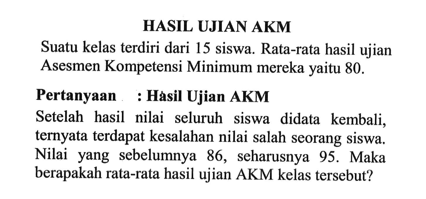 HASIL UJIAN AKMSuatu kelas terdiri dari 15 siswa. Rata-rata hasil ujian Asesmen Kompetensi Minimum mereka yaitu 80 .Pertanyaan : Hasil Ujian AKMSetelah hasil nilai seluruh siswa didata kembali, ternyata terdapat kesalahan nilai salah seorang siswa. Nilai yang sebelumnya 86, seharusnya 95. Maka berapakah rata-rata hasil ujian  AKM  kelas tersebut?