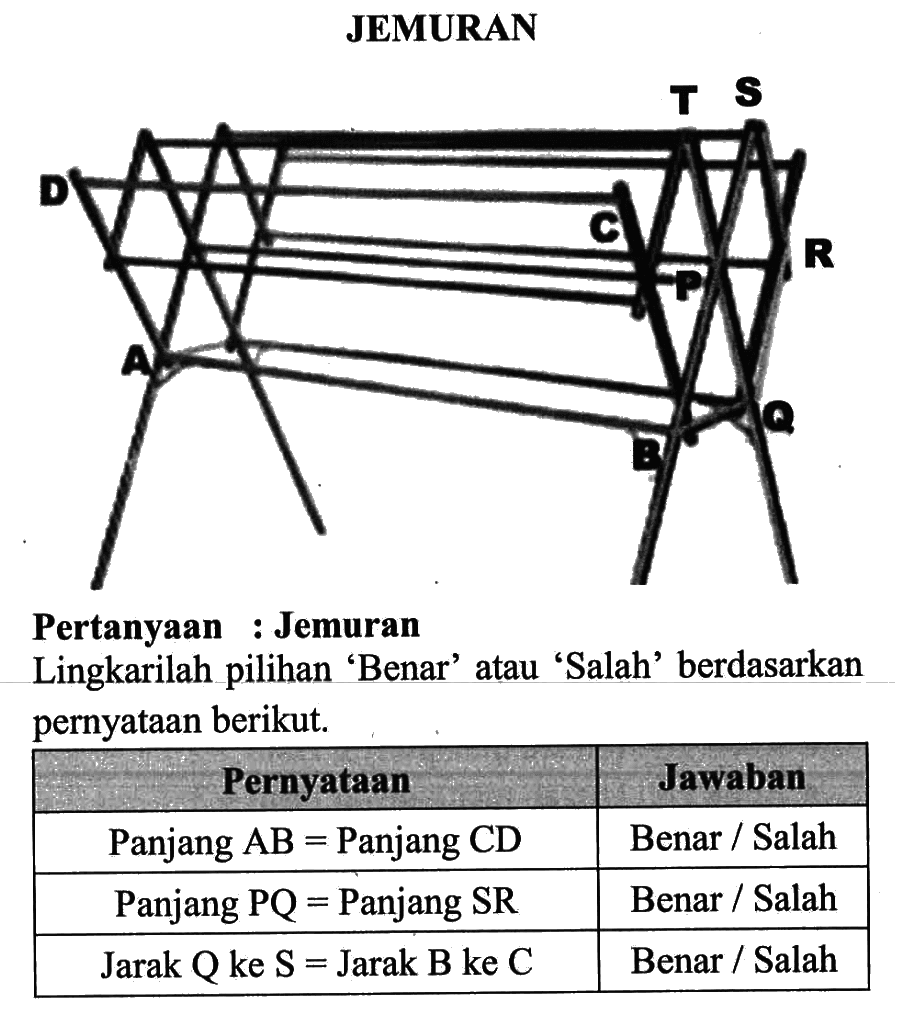 JEMURAN Pertanyaan : Jemuran Lingkarilah pilihan 'Benar' atau 'Salah' berdasarkan pernyataan berikut. Pernyataan Jawaban Panjang AB=Panjang CD Benar / Salah Panjang PQ=Panjang SR Benar / Salah Jarak Q ke S=Jarak B ke C Benar / Salah