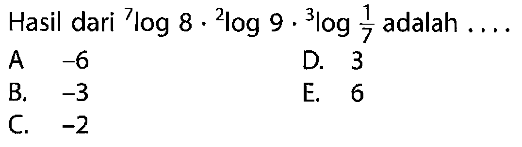 Hasil dari 7log8.2log9.3log1/7 adalah....