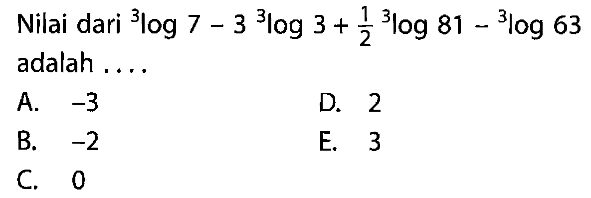 Nilai dari 3log7-3 3log3+1/2 3log81-3log63 adalah ...