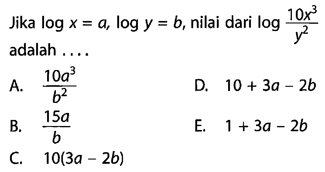 Jika log x=a, log y=b, nilai dari log 10x^3/y^2 adalah ...