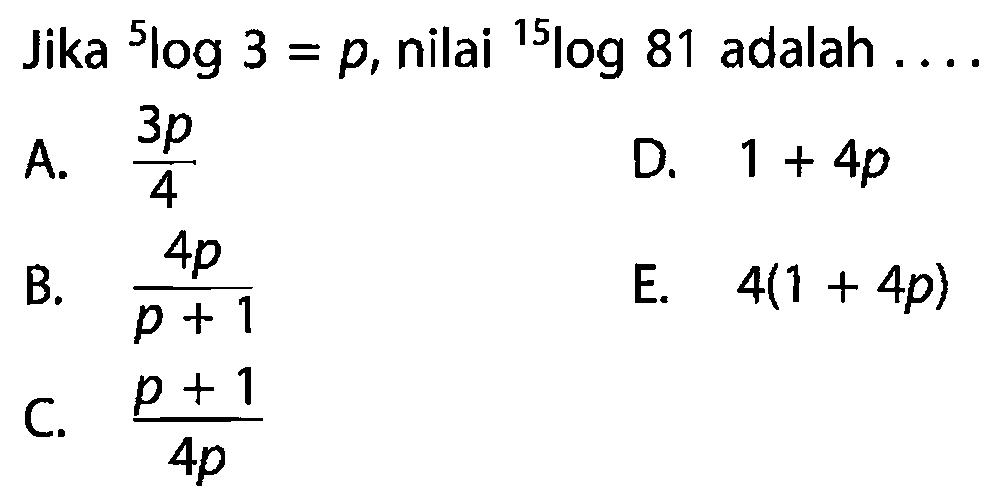 Jika 5log3=p, nilai 15log81 adalah ....