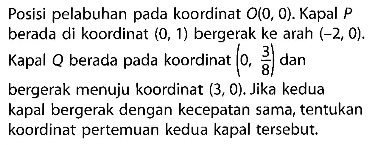 Posisi pelabuhan pada koordinat O(0, 0). Kapal P berada di koordinat (0, 1) bergerak ke arah (-2, 0). Kapal Q berada pada koordinat (0, 3/8) dan bergerak menuju koordinat (3, 0). Jika kedua kapal bergerak dengan kecepatan sama, tentukan koordinat pertemuan kedua kapal tersebut.