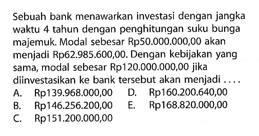 Sebuah bank menawarkan investasi dengan jangka waktu 4 tahun dengan penghitungan suku bunga majemuk. Modal sebesar Rp50.000.000,00 akan menjadi Rp62.985.600,00. Dengan kebijakan yang sama, modal sebesar Rp120.000.000,00 jika diinvestasikan ke bank tersebut akan menjadi ....