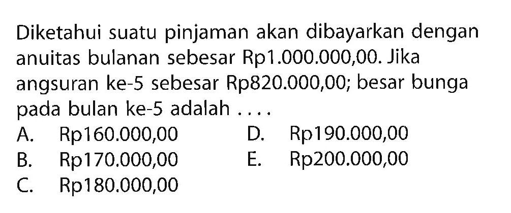 Diketahui suatu pinjaman akan dibayarkan dengan anuitas bulanan sebesar Rp1.000.000,00. Jika angsuran ke-5 sebesar Rp820.000,00; besar bunga pada bulan ke-5 adalah ...