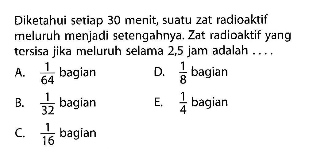 Diketahui setiap 30 menit, suatu zat radioaktif meluruh menjadi setengahnya. Zat radioaktif yang tersisa jika meluruh selama 2,5 jam adalah ....