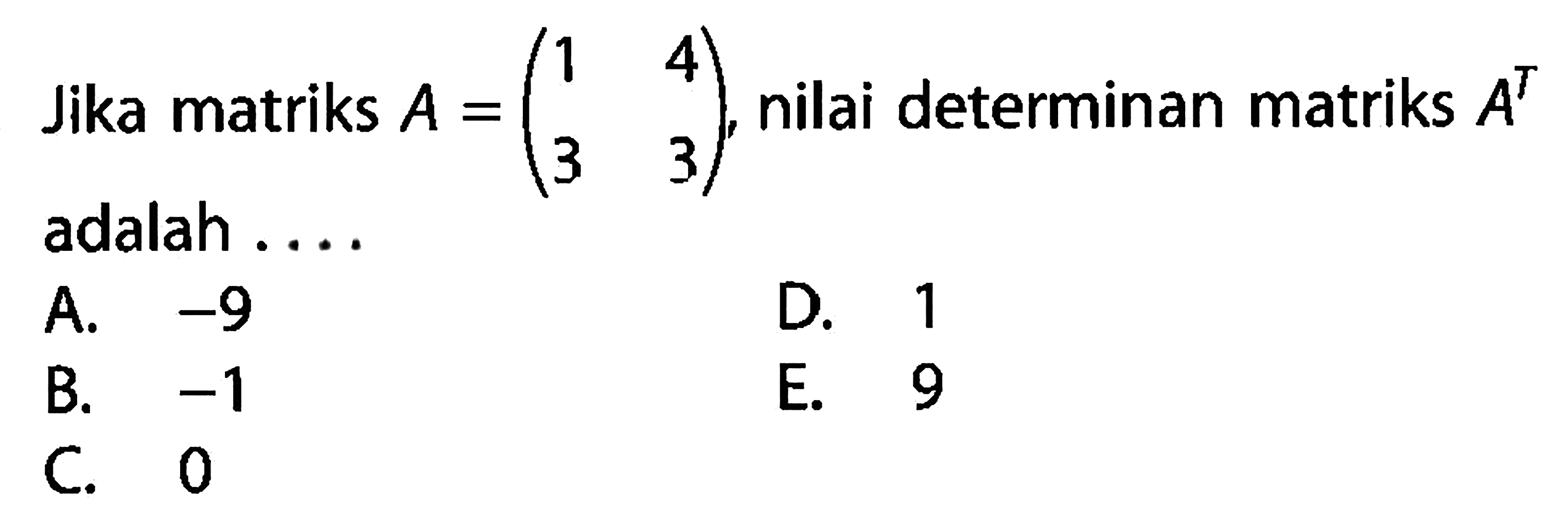 Jika matriks A=(1 4 3 3), nilai determinan matriks A^T adalah ...