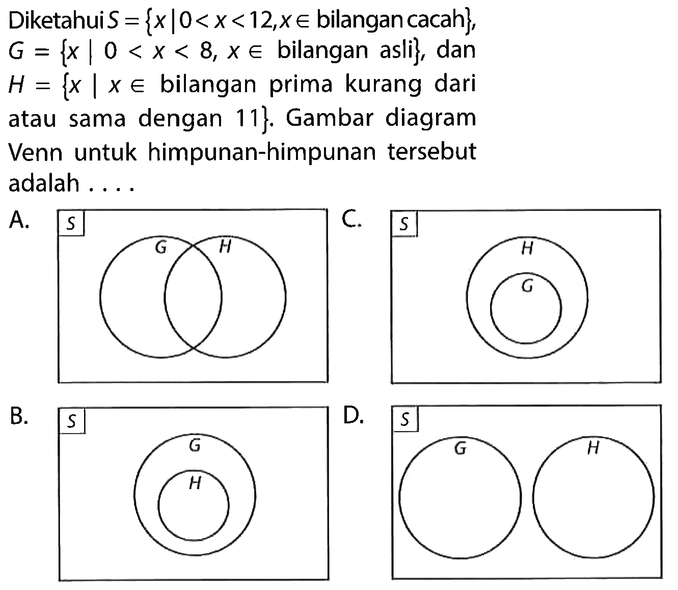 Diketahui S = {x | 0 < x < 12, x e bilangan cacah}, G = {x | 0 < x < 8, x e bilangan asli}, dan H = {x | x e bilangan prima kurang dari atau sama dengan 11}. Gambar diagram sama Venn untuk himpunan-himpunan tersebut adalah . . . .