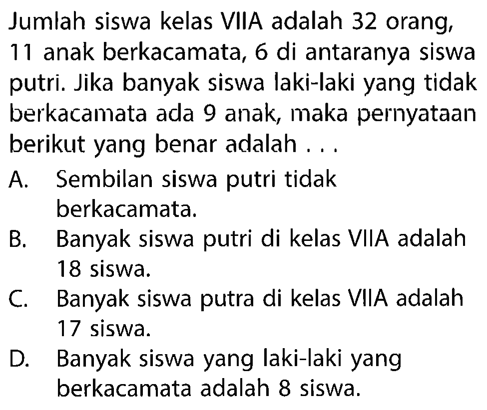 Jumlah siswa kelas VIIA adalah 32 orang, 11 anak berkacamata, 6 di antaranya siswa putri. Jika banyak siswa laki-laki yang tidak berkacamata ada 9 anak, maka pernyataan berikut yang benar adalah . . .