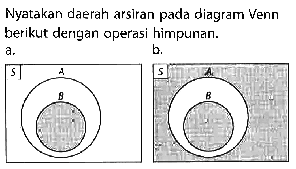 Nyatakan daerah arsiran pada diagram Venn berikut dengan operasi himpunan. a. S A B b. S A B