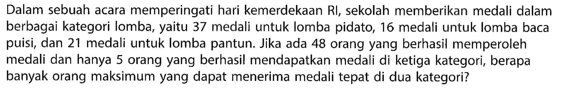 Dalam sebuah acara memperingati hari kemerdekaan Rl, sekolah memberikan medali dalam berbagai kategori lomba, yaitu 37 medali untuk lomba pidato, 16 medali untuk lomba baca puisi, dan 21 medali untuk lomba pantun. Jika ada 48 orang yang berhasil memperoleh medali dan hanya 5 orang yang berhasil mendapatkan medali di ketiga kategori, berapa banyak orang maksimum yang dapat menerima medali tepat di dua kategori?