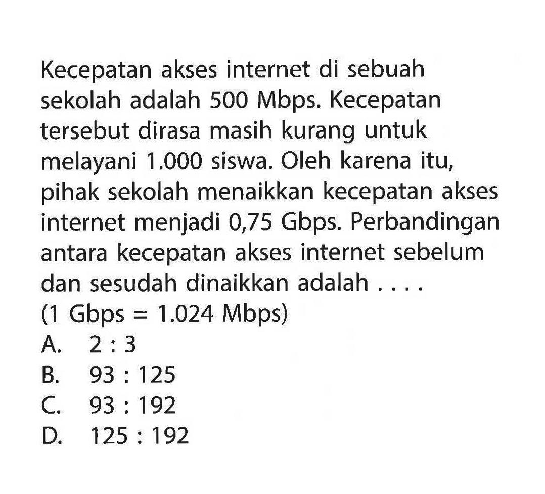 Kecepatan akses internet di sebuah sekolah adalah 500 Mbps. Kecepatan tersebut dirasa masih kurang untuk melayani 1.000 siswa. Oleh karena itu, pihak sekolah menaikkan kecepatan akses internet menjadi 0,75 Gbps. Perbandingan antara kecepatan akses internet sebelum dan sesudah dinaikkan adalah .... (1 Gbps=1.024 Mbps)