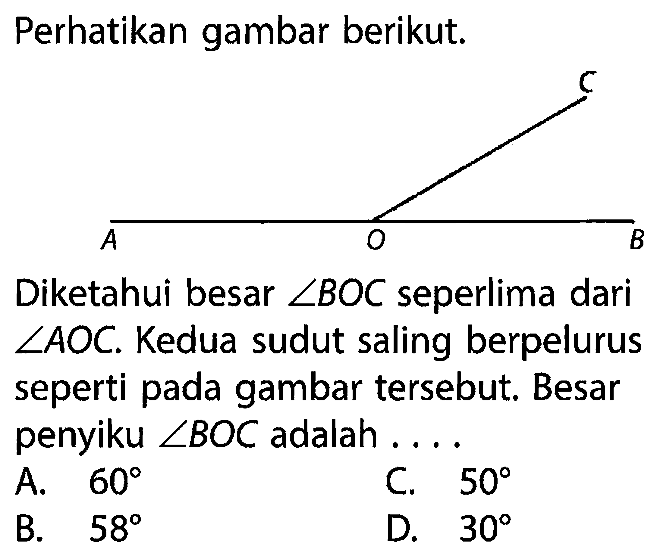 Perhatikan gambar berikut.Diketahui besar sudut BOC seperlima dari sudut AOC. Kedua sudut saling berpelurus seperti pada gambar tersebut. Besar penyiku sudut BOC adalah ....