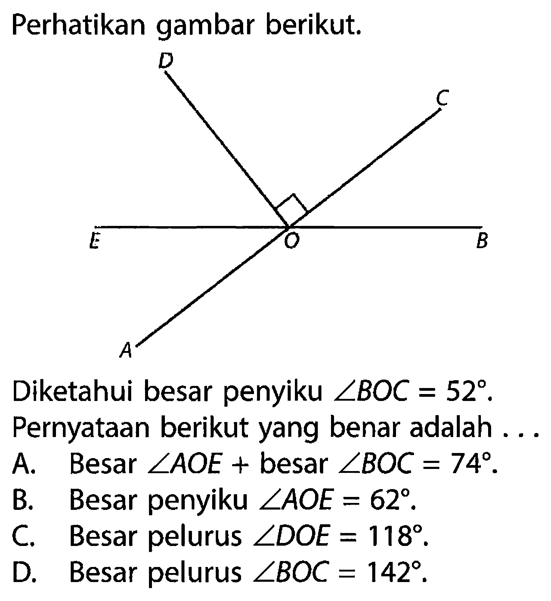 Perhatikan gambar berikut. D C E O B A Diketahui besar penyiku sudut BOC=52.Pernyataan berikut yang benar adalah ... A. Besar sudut AOE + besar sudut BOC=74. B. Besar penyiku sudut AOE=62. C. Besar pelurus sudut DOE=118. D. Besar pelurus sudut BOC=142.