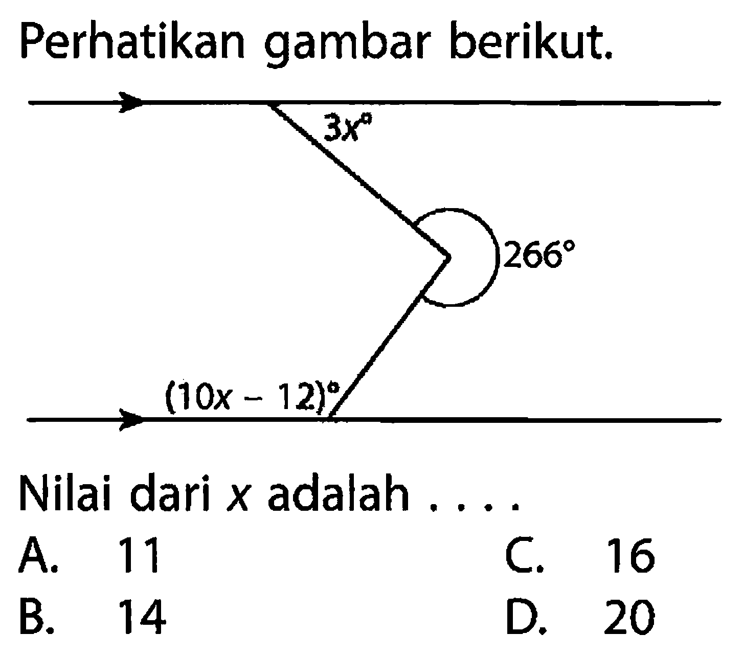 Perhatikan gambar berikut.3x 266 (10x-12)Nilai dari x adalah..... A. 11 B. 14 C. 16 D. 20 