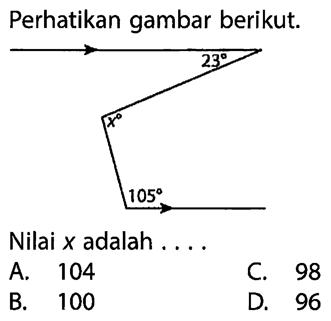 Perhatikan gambar berikut.23, x, 105Nilai x adalah ....