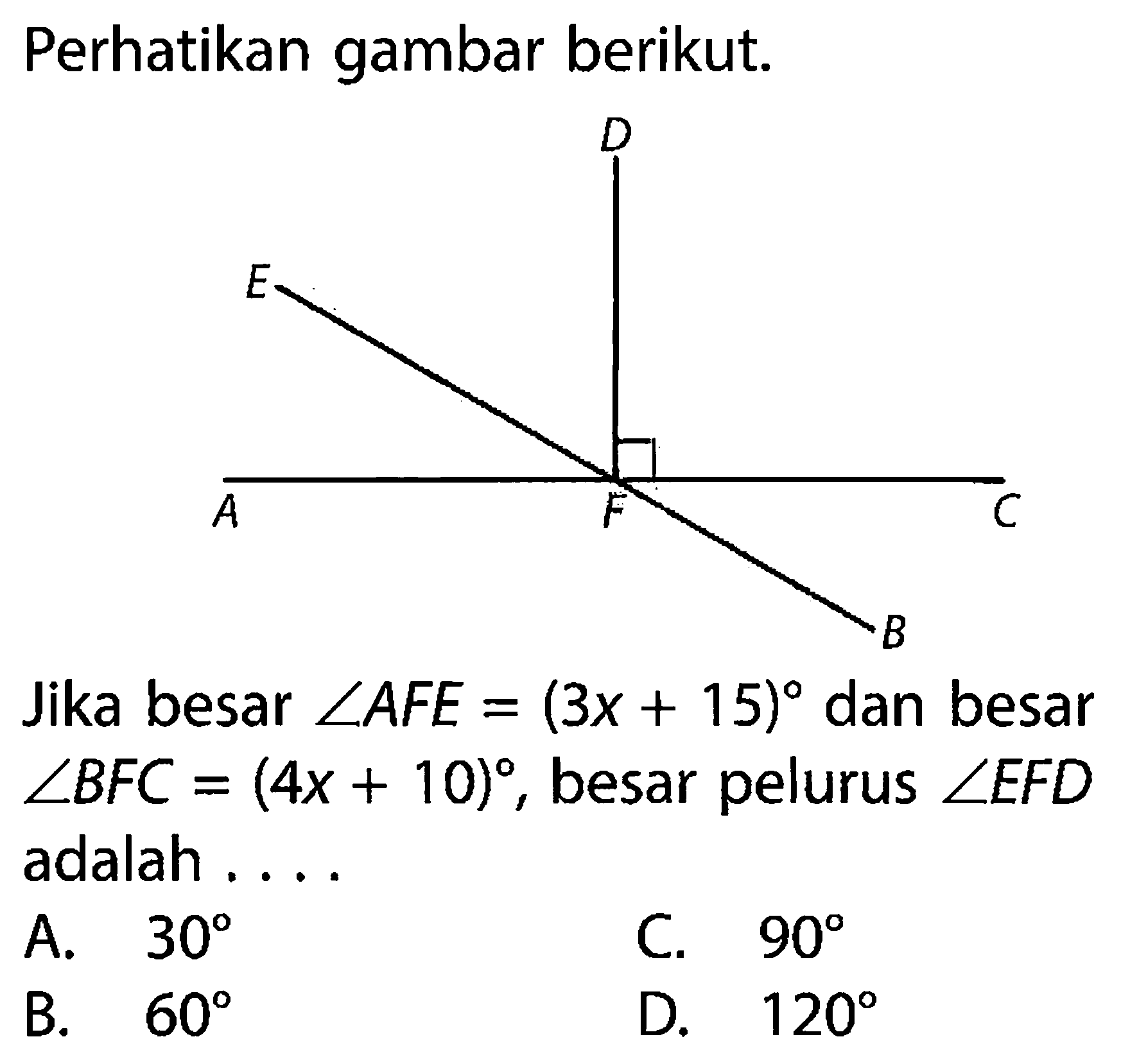 Perhatikan gambar berikut.D E A F C BJika besar  sudut AFE=(3x+15)  dan besar  sudut BFC=(4x+10) , besar pelurus  sudut EFD  adalah ....