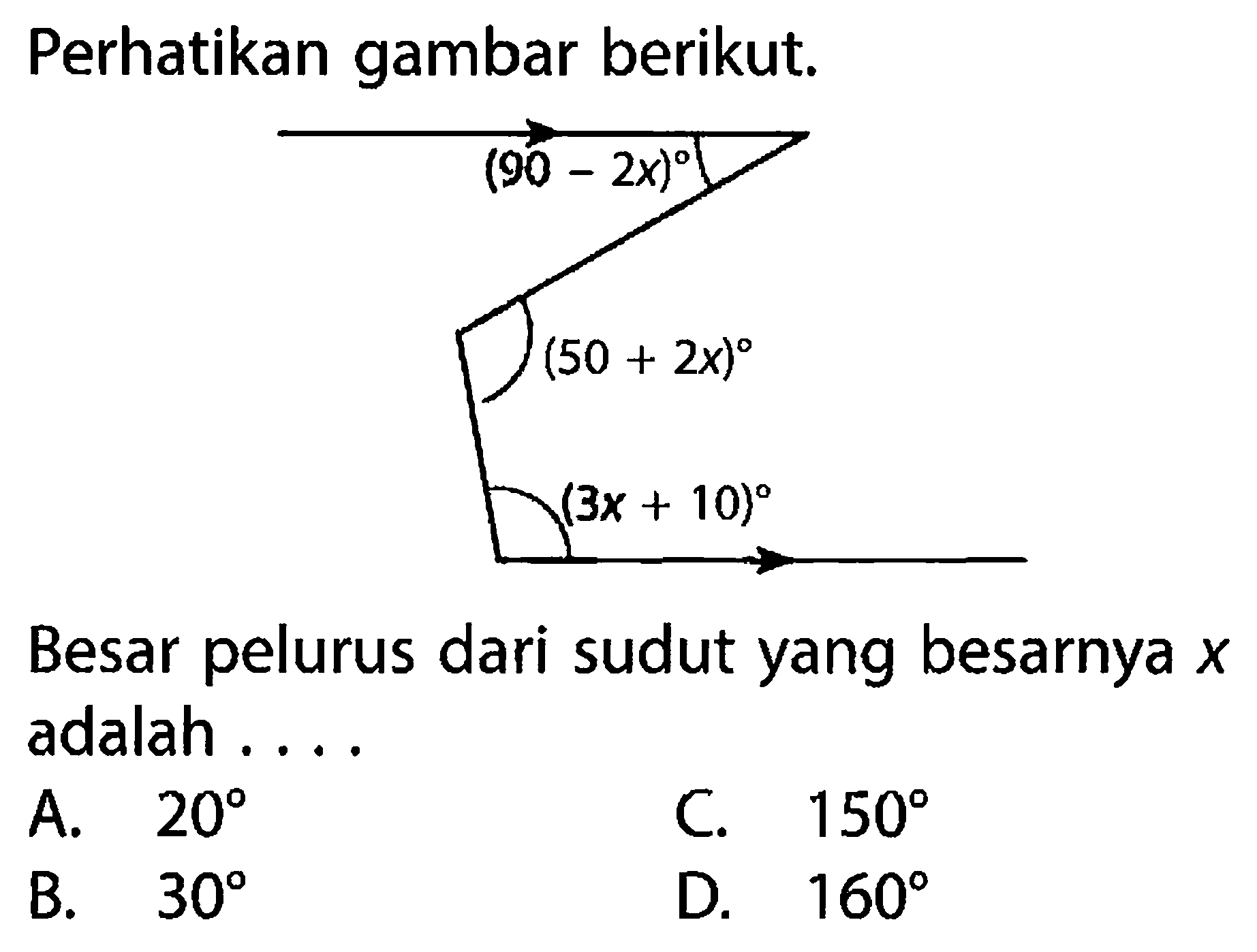 Perhatikan gambar berikut. (90-2x) (50+2x) (3x+10) Besar pelurus dari sudut yang besarnya x adalah .... 